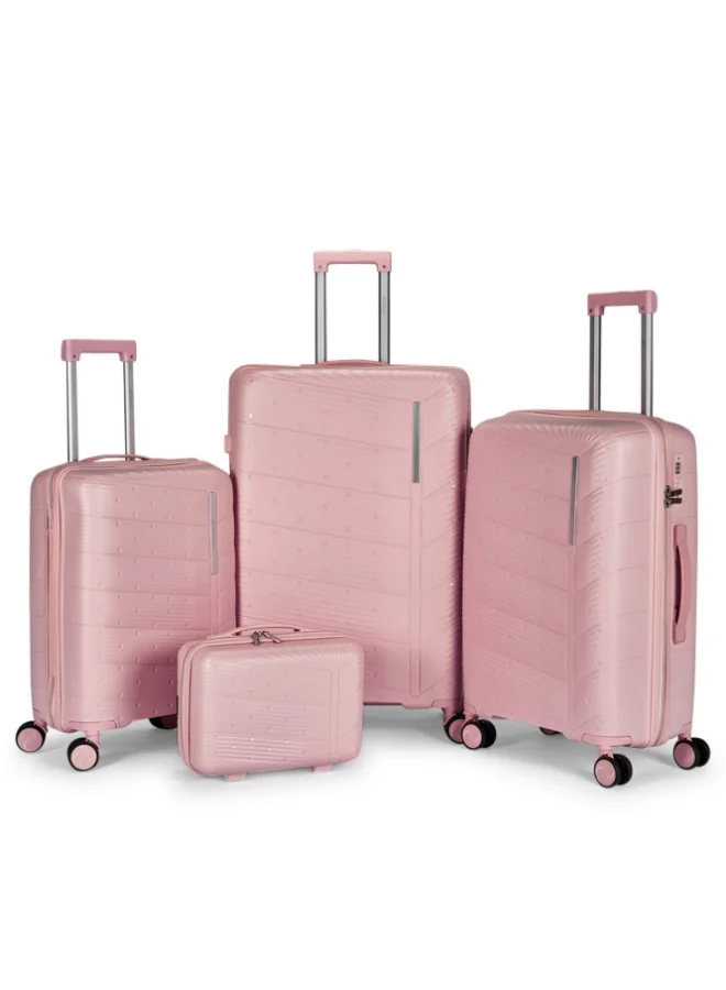 ليمرا طقم شنط سفر مكون من 4 حقائب أمتعة بعجلات و بتصميم صلب وقوي مصنوع  من مادة البولي بوربلين لون وردي